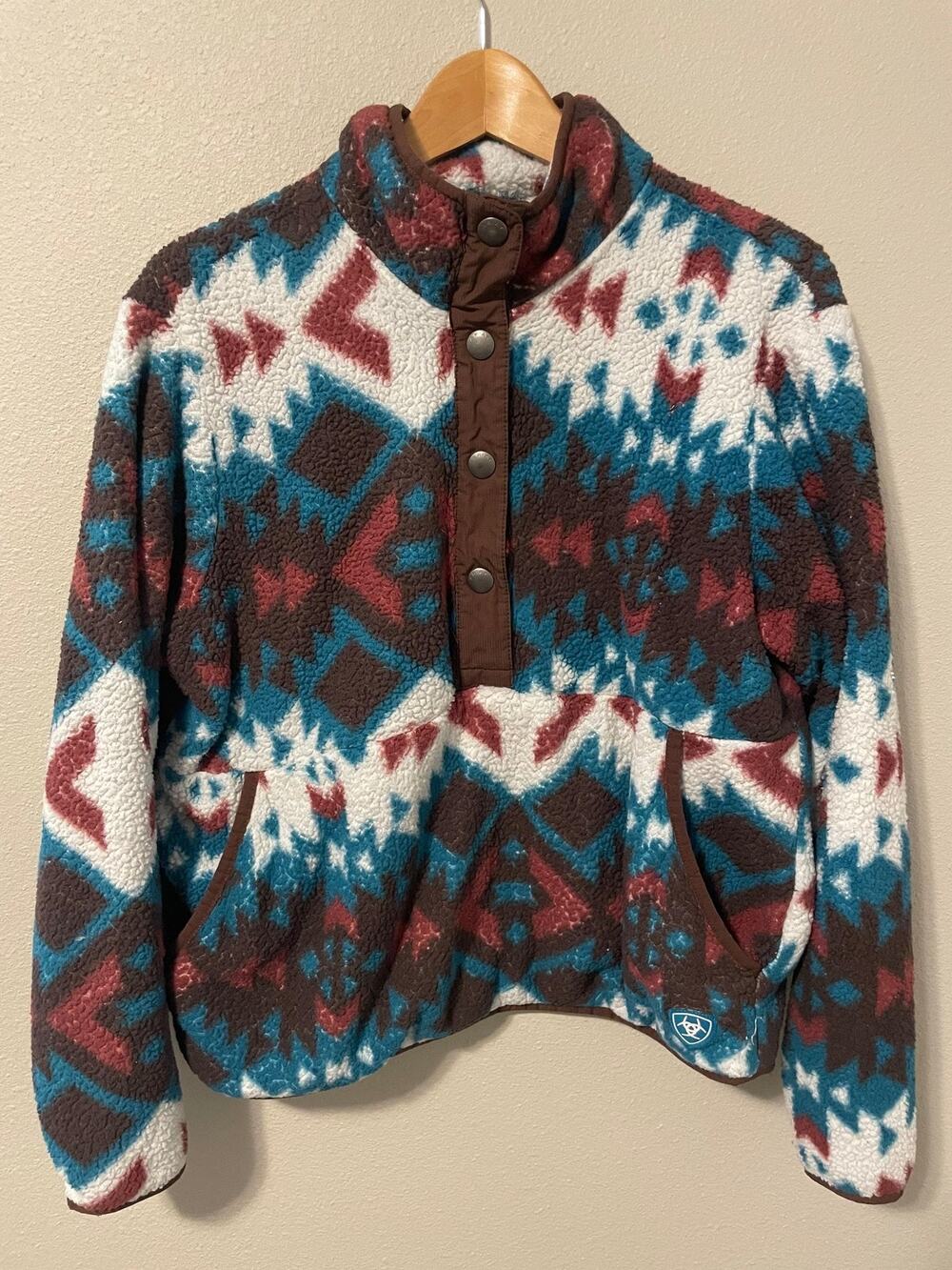 Ariat REAL Berber Snap Front Sweatshirt Womens Large Aztec Print Sherpa Fleece